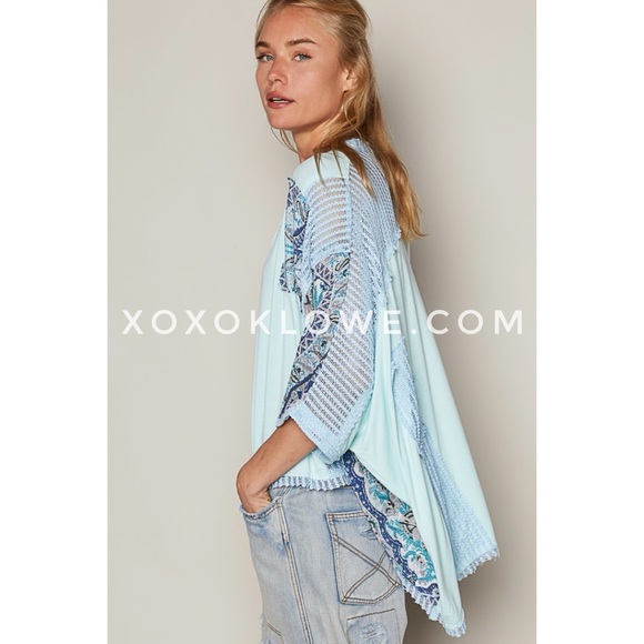 POL Blue Boho Print + Sheer Knit V Neck Rayon Jersey Top - Picture 4 of 9